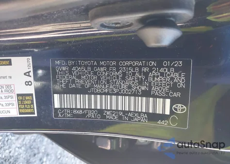 2023 Toyota Corolla Hybrid Le z USA, uszkodzony, nr VIN JTDBCMFE3PJ002713